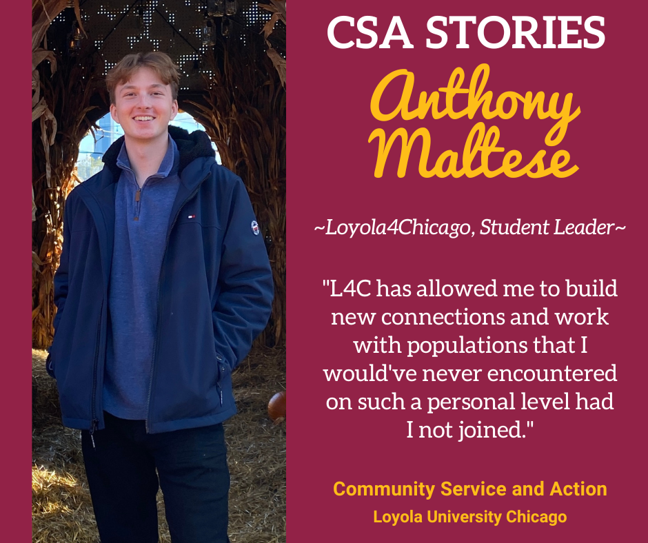 CSA Story Header for Anthony Maltese; a headshot image on a maroon and gold background